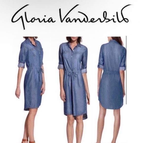 Gloria Vanderbilt Ashley Medium Wash Blue Chambray Waist Tie Dress Size Medium - Picture 1 of 9